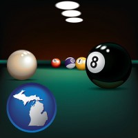 michigan map icon and a billiards table at a recreation facility