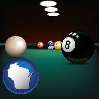 wisconsin map icon and a billiards table at a recreation facility